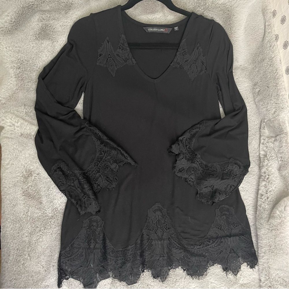 NWT Colleen Lopez Black Lace Bell Sleeve Tunic Top XS Cottagecore Boho Night Out